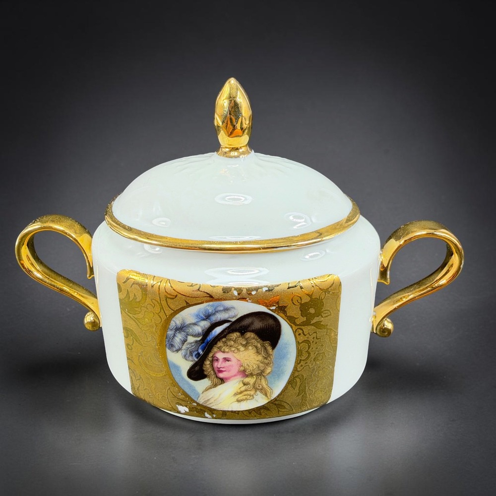 Vintage JKW Western Germany Porcelain Sugar Bowl with Lid Portrait Gilt Handles